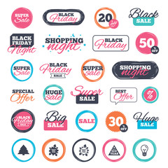 Sale shopping stickers and banners. Happy new year icon. Christmas trees signs. World globe symbol. Website badges. Black friday. Vector