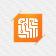 Circuit board sign icon. Technology scheme square symbol. Orange square label on pattern. Vector