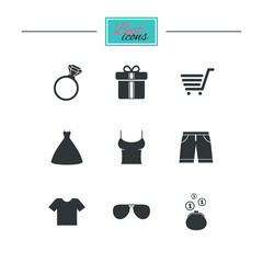 Clothes, accessories icons. T-shirt, sunglasses signs. Wedding dress and ring symbols. Black flat icons. Classic design. Vector