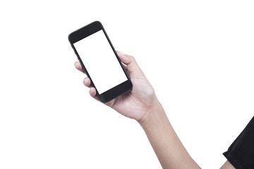 hand holding smart phone with white screen isolated on white background.