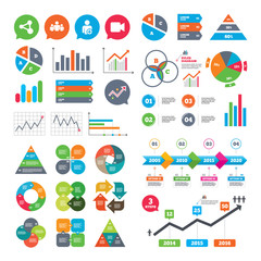 Business charts. Growth graph. Group of people and share icons. Add user and video camera symbols. Communication signs. Market report presentation. Vector