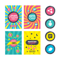 Naklejka premium Sale website banner templates. Human person and share icons. Speech bubble symbols. Communication signs. Ads promotional material. Vector