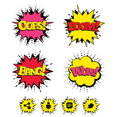 Comic Boom, Wow, Oops sound effects. Human person and share icons. Speech bubble symbols. Communication signs. Speech bubbles in pop art. Vector