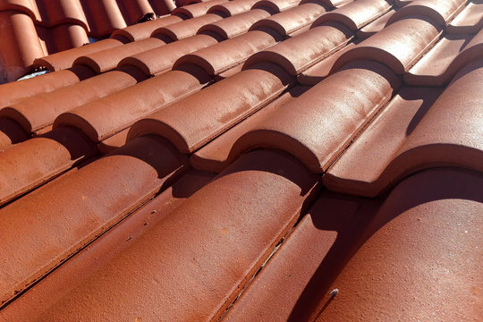 Top view on terracotta schist roof. Makrinitsa village, Pelion, Greece.
