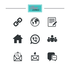 Communication icons. Contact, mail signs. E-mail, call phone and group symbols. Black flat icons. Classic design. Vector