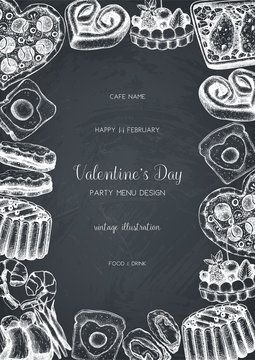 Vintage card or invitation design for Valentine's Day celebration. Vector frame with hand drawn food and drinks sketch on chalkboard. Cafe or restaurant menu template.
