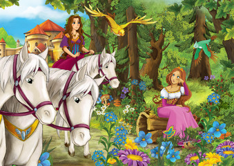 Obraz na płótnie Canvas Cartoon scene with cute royal charming couple of women in the forest near the castle - cheerful sisters - beautiful manga girl - illustration for children