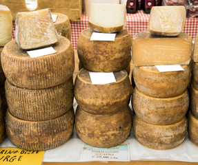  Pecorino cheese of Puglia exposed for sale. Pecorino cheese of Puglia, south Italy