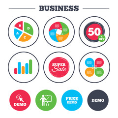 Fototapeta premium Business pie chart. Growth graph. Demo with cursor icon. Presentation billboard sign. Man standing with pointer symbol. Super sale and discount buttons. Vector