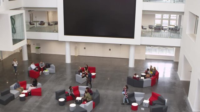 Overhead Handheld Tilt Shot Of University Atrium And Lobby, Shot On R3D