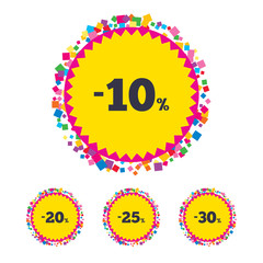Web buttons with confetti pieces. Sale discount icons. Special offer price signs. 10, 20, 25 and 30 percent off reduction symbols. Bright stylish design. Vector