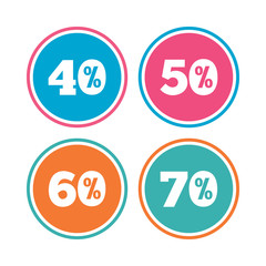 Sale discount icons. Special offer price signs. 40, 50, 60 and 70 percent off reduction symbols. Colored circle buttons. Vector