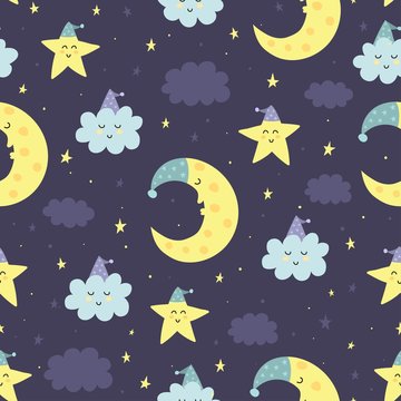 Good Night seamless pattern with cute sleeping moon, stars