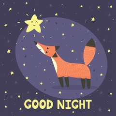 Good night card with cute fox and star