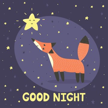 Good night card with cute fox and star
