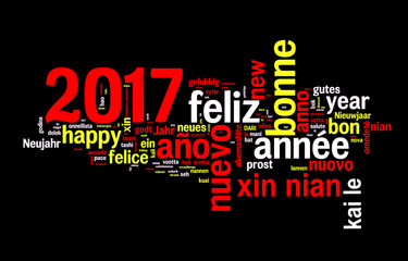 2017 word cloud on black background, new year translated in many languages