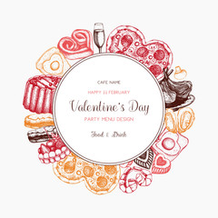 Naklejka premium Valentine's day greeting card, banner or flyer template. Sketched food and drinks illustration. Hand drawn Cafe menu, advertisement. Vector background.