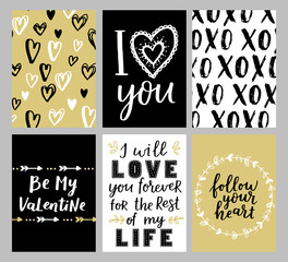 Set of greeting cards for Valentine's Day. Vector collection with brush lettering and hand written elements. Black, gold and white color labels for your design and invitation.