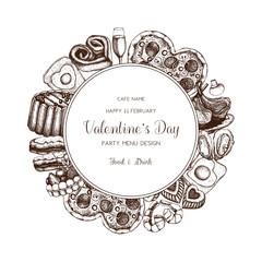 Vintage card or invitation design for Valentine's Day celebration. Vector frame with hand drawn food and drinks sketch. Cafe or restaurant menu template.