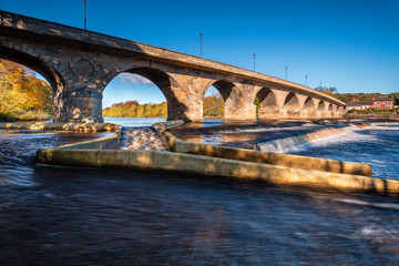 Hexham Bridge and Fish Pass, which has just opened this year, on the weir below the bridge, to help returning salmon migrate up the River Tyne