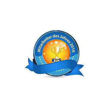 Employee of the Year 2016 in German language (Mitarbeiter des Jahres 2016) - shiny golden blue award ribbon
