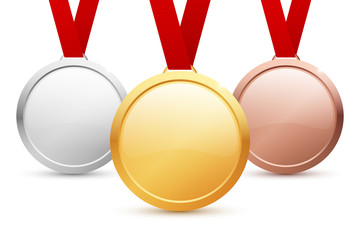 Shiny vector blank gold, silver and bronze medal templates with copyspace for your text