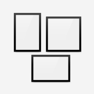 Black minimalistic vector photo frame blank mockups set. Vertical frame with portrait orientation (2x3), horizontal frame with landscape orientation (3x2) and square photo frame.