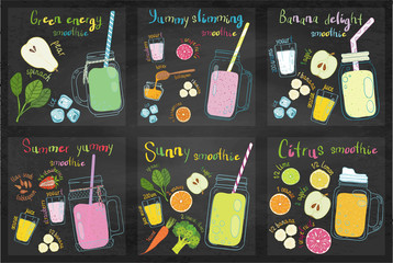 Set of fruits smoothie recipes. Raw nature food.