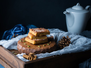 Winter breakfast still life with spiced blondies