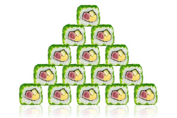 Sushi with tuna, cheese and cucumber in the form of a pyramid. O
