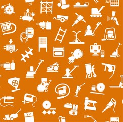 Construction equipment and tools, seamless pattern, orange. Vector background with images of equipment for construction and repair. White, flat pictures on the orange box. 