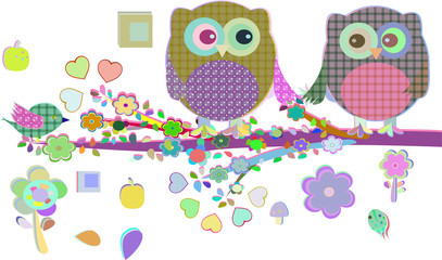 Valentine boy and girl owls sat on a tree branch,