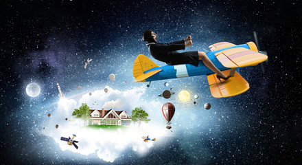 Woman in drawn airplane . Mixed media