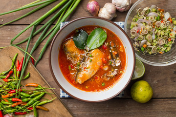 Spicy mackerels salad in tomato sauce