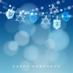 Hanukkah blue background with string of lights, dreidels and jewish stars. Vector background.