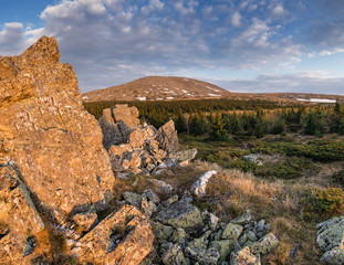 panorama of the Ural mountains in the spring with view of mount Iremel