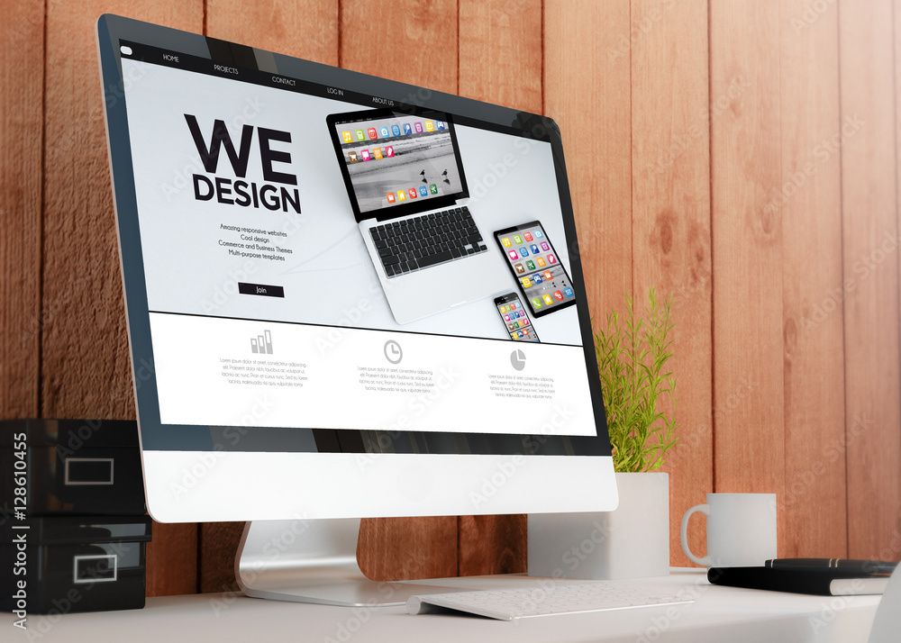 Poster modern workspace with computer we design