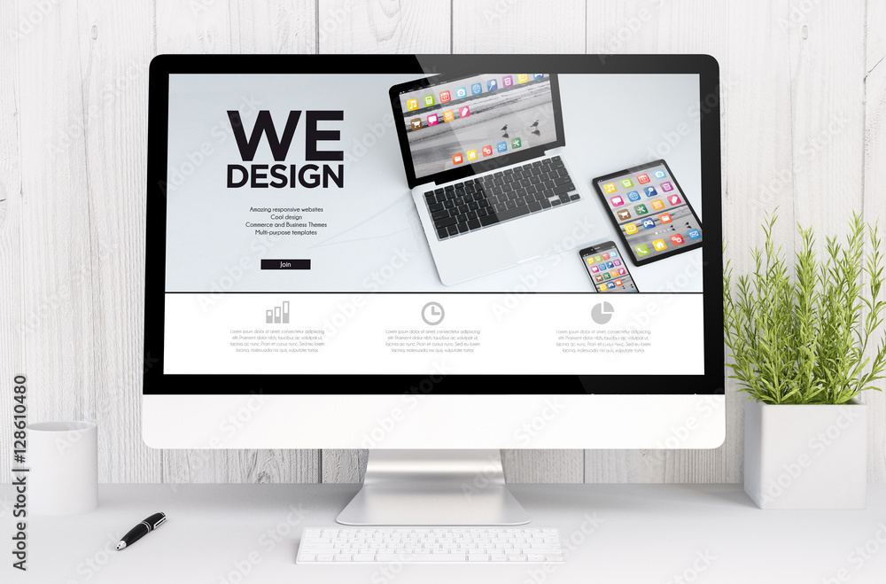Poster white workspace with computer graphic design