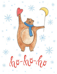 Watercolor christmas card with bear and lettering ho-ho-ho