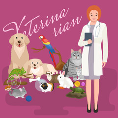 Group of pets and veterinary, doctor with animals patient