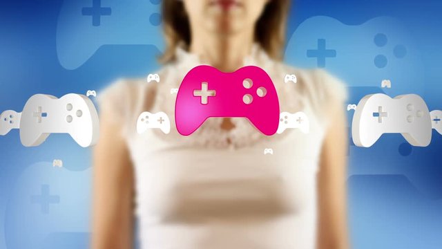 Young female pressing the screen then gamepad symbol appearing