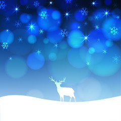 Christmas greeting card with winter landscape and deer silhouette. Festive blurred blue background with twinkle stars. Vector.