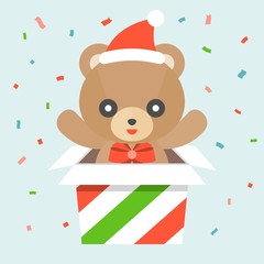 Happy cute teddy bear wears santa hat and red bow in strip of red and green box, flat design