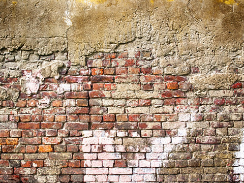 Old Vintage Red Brick Wall With Sprinkled White Plaster Texture