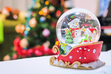 Christmas snow globe and christmas tree background. Christmas decoration