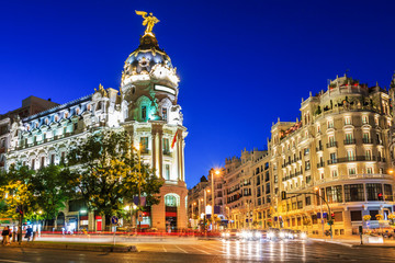 Fototapeta na wymiar Madrid, Spain. Gran Via, main shopping street at dusk