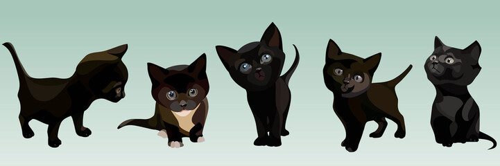 five cartoon cute black kitten in different poses