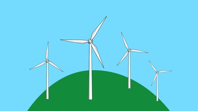 Motion graphics video of wind turbines on a hill