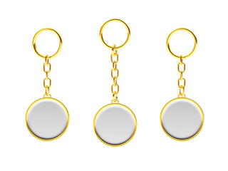 Set of blank round golden keychains isolated on white background. 3d illustration 