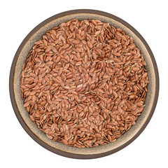 Bio organic flax seeds in ceramic bowl isolated on white background, top view